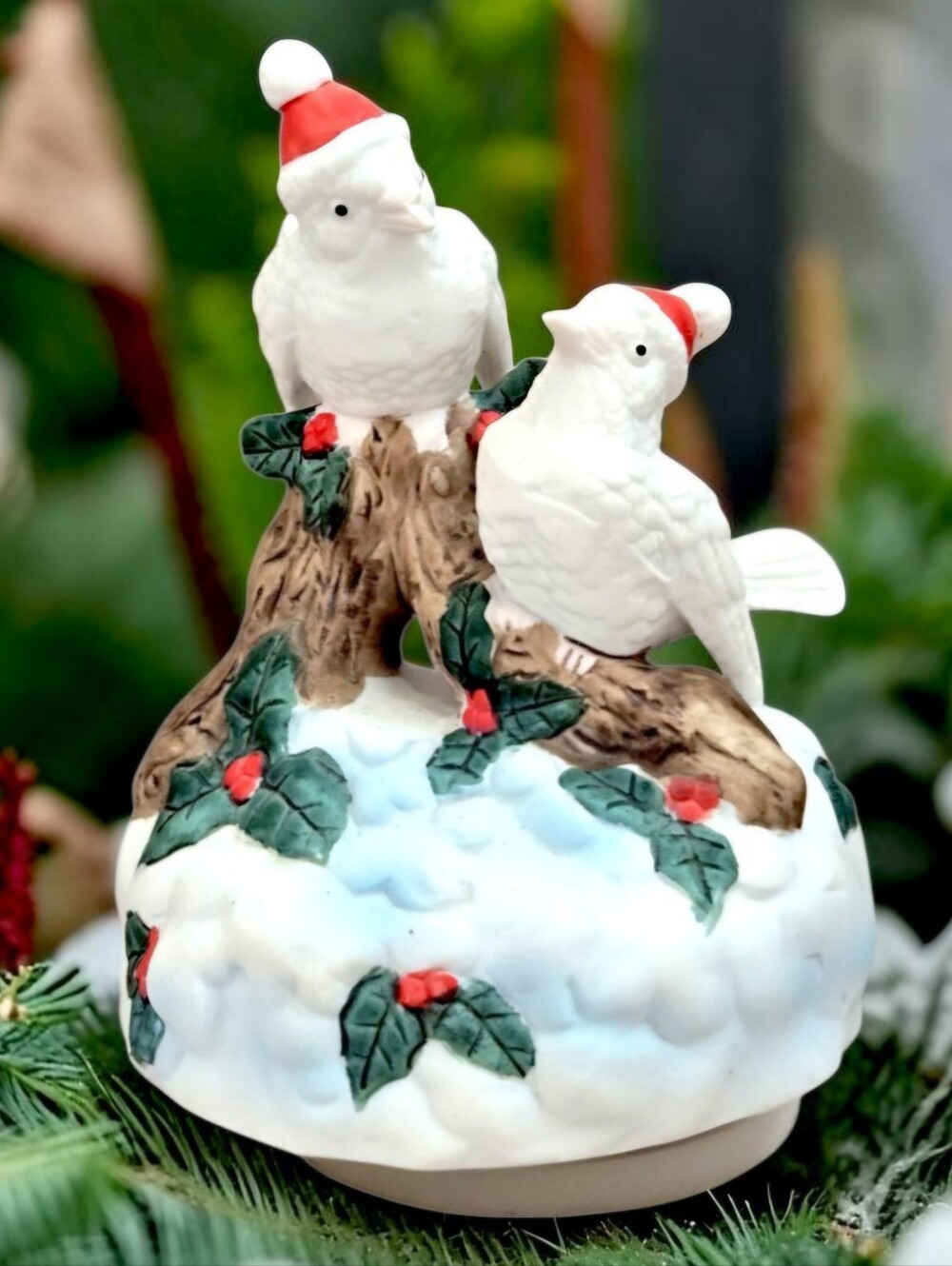 Vintage porcelain bisque Christmas Music Box Two White snowbirds Deck the Halls